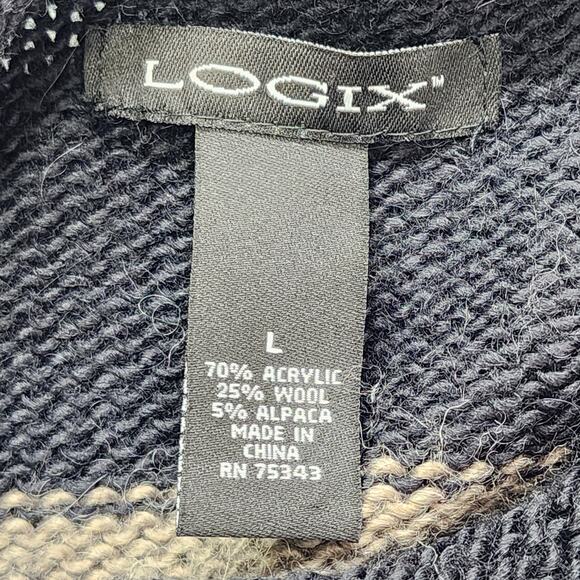 Logix Wool Alpaca Striped Funnel Neck High Low Sweater Size L Black Tan Stretch - Picture 3 of 7